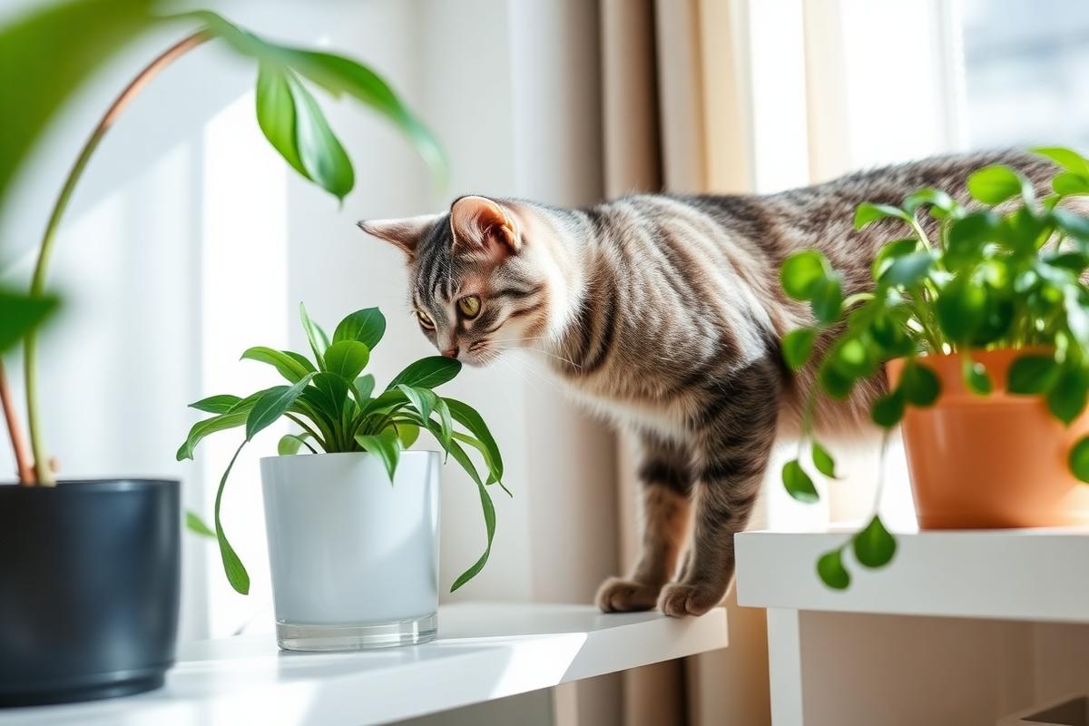 Tabby cat sniffing a houseplant on a bright windowsill shelf