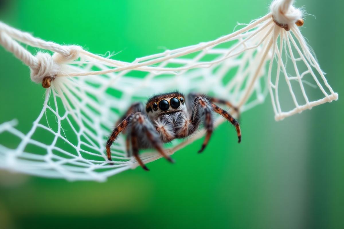 Close-up of a jumping spider resting in its silk hammock