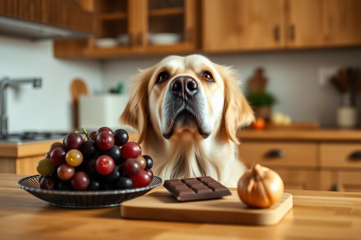 Golden retriever looking up at grapes, chocolate and an onion on a kitchen counter